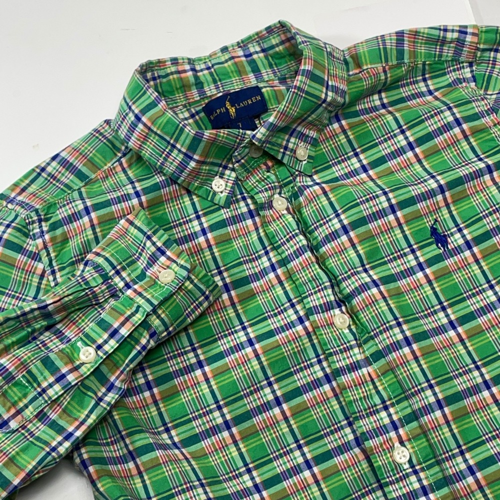 Ralph Lauren Boys Button Down Size 7 Plaid Shirt Green